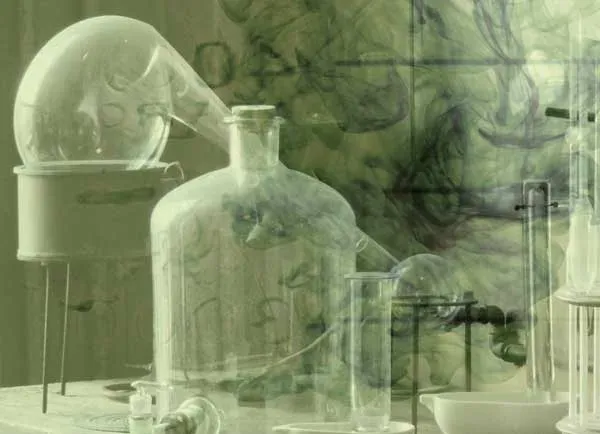 Laboratory glassware overlaid with seaweed