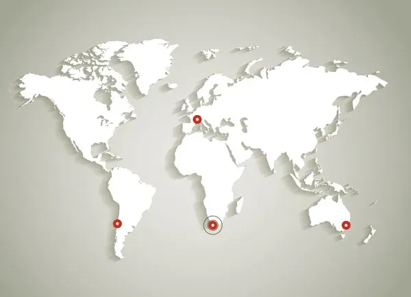 World map marking international offices